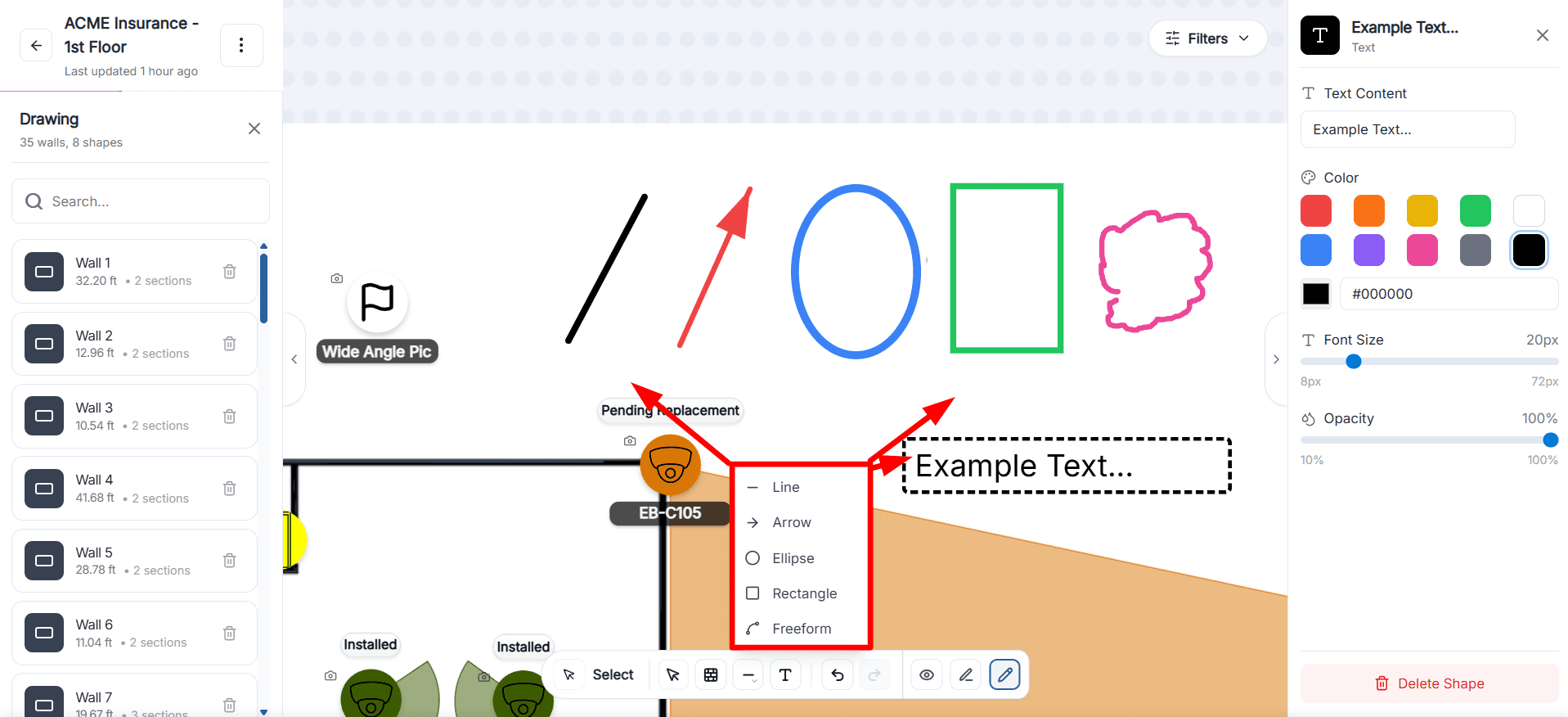 Draw mode tools for walls, shapes, and text markup on a floor plan.