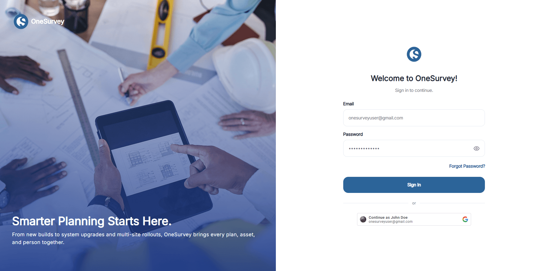 OneSurvey onboarding screen.