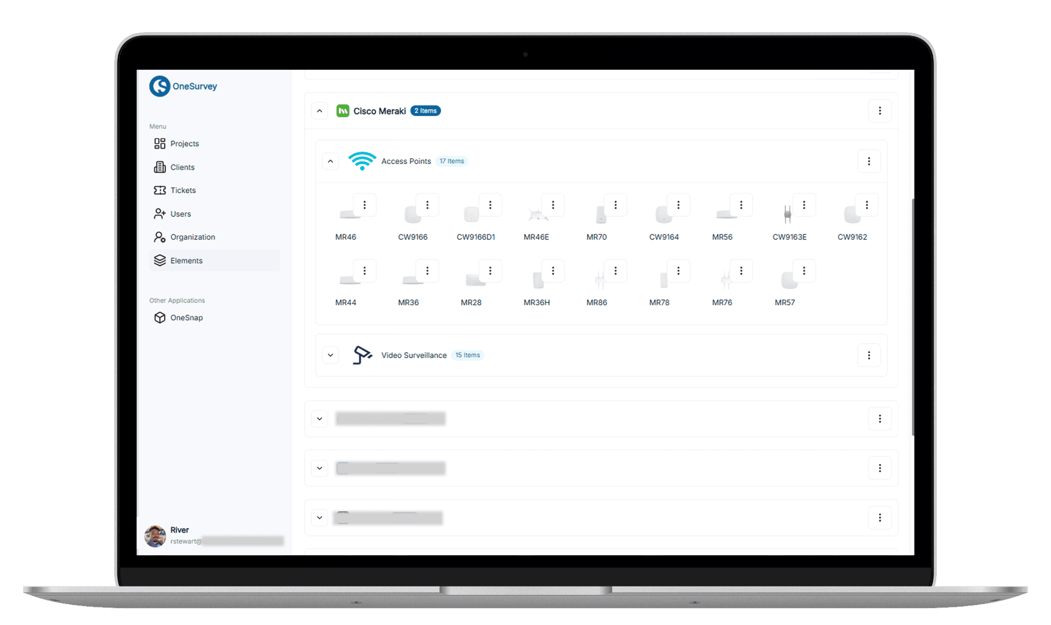OneSurvey device catalog showing categorized devices available for survey and layout work.