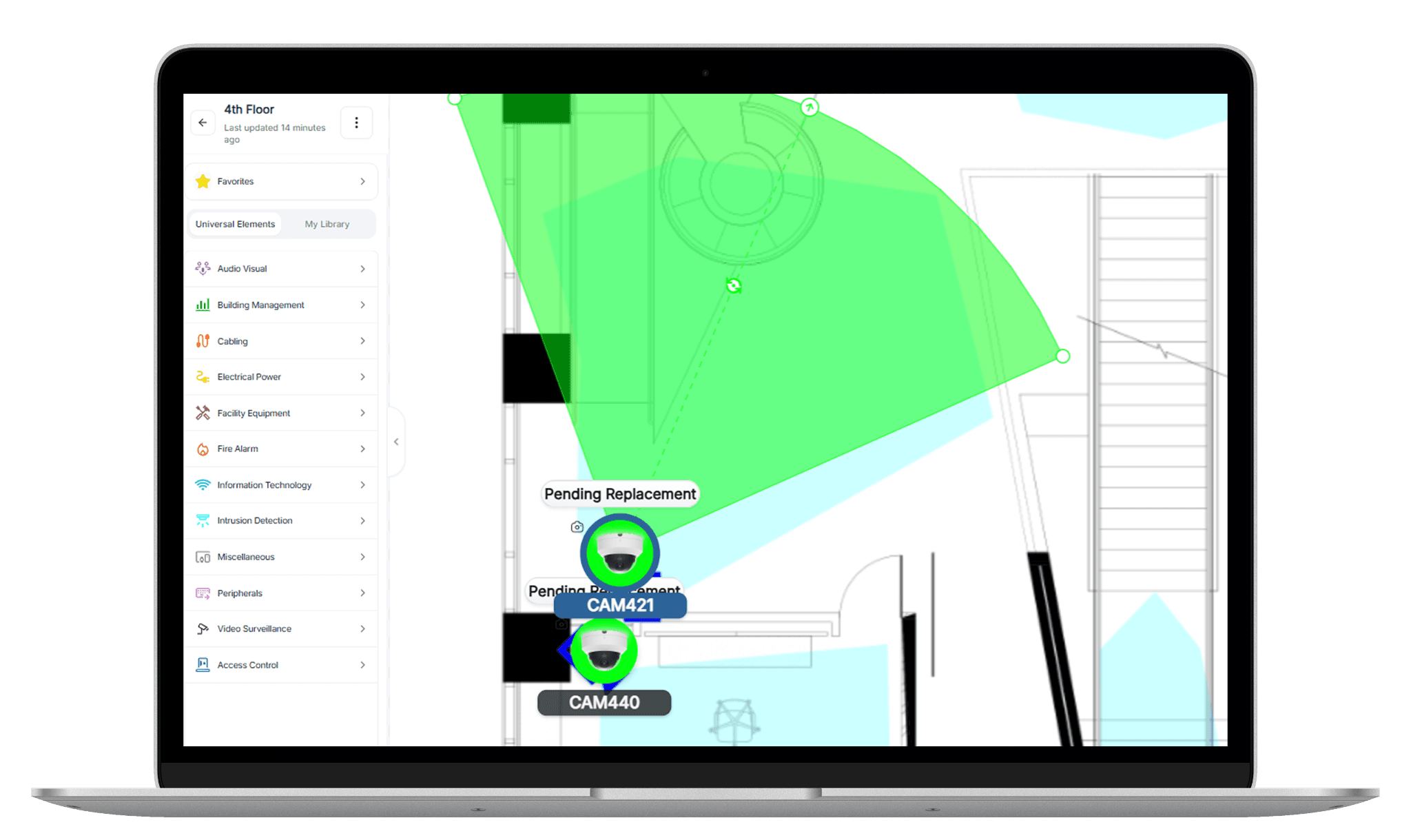 OneSurvey floor plan editor showing multiple placed devices across a building layout.