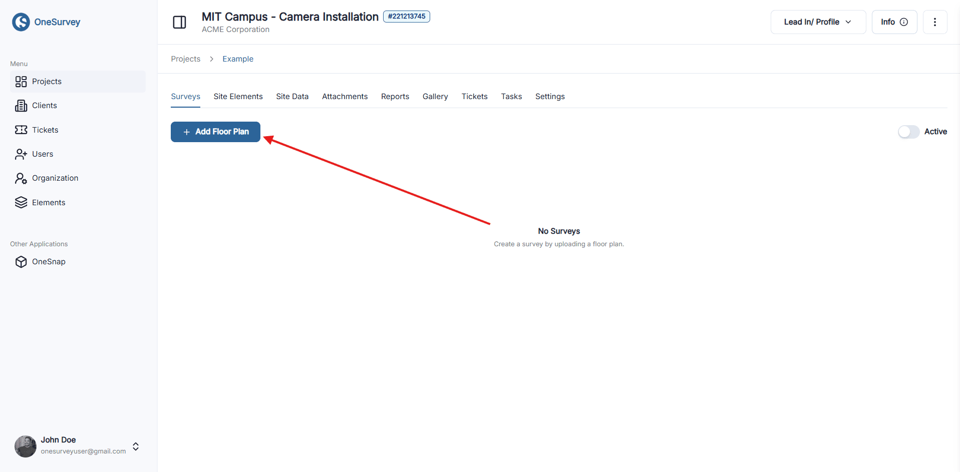 Upload Floor Plan action from the Surveys tab.