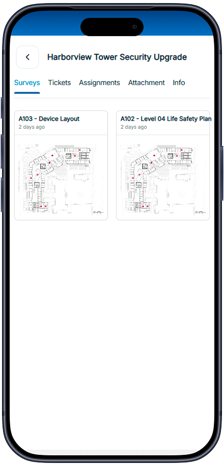Mobile site detail view showing the Surveys, Tickets, Assignments, Attachment, and Info tabs.