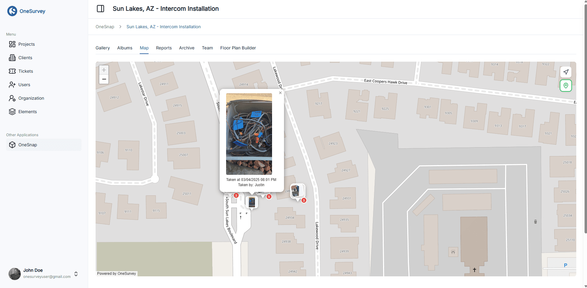 OneSnap map context with geotag support for captured photos.