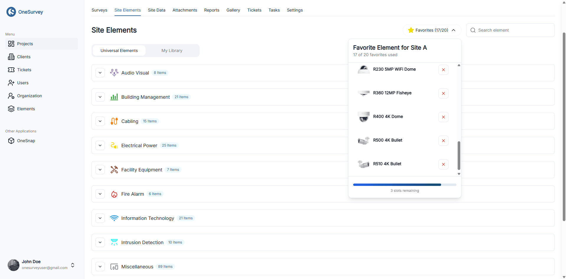 Site device library view showing categorized devices and favorites before placement on a survey.