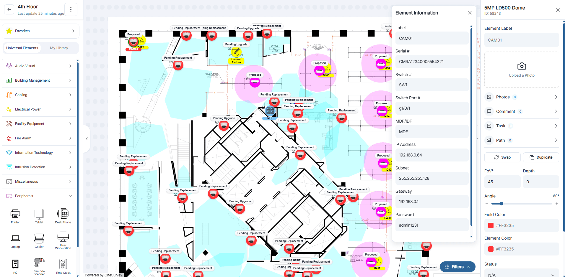 Survey workspace showing a scaled floor plan, placed devices, and detailed element information.
