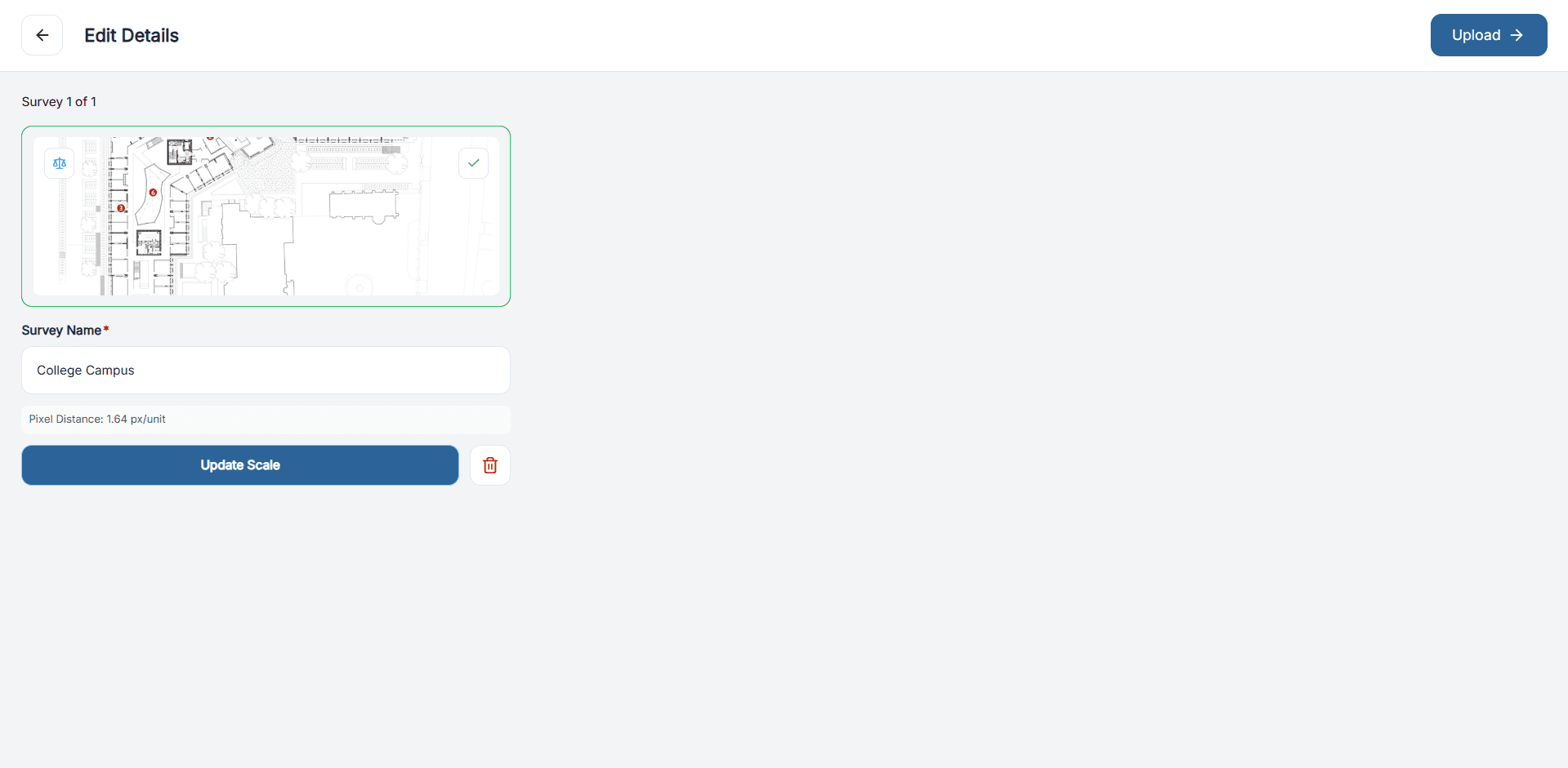 Survey setup view for naming a floor plan and confirming scale before upload.
