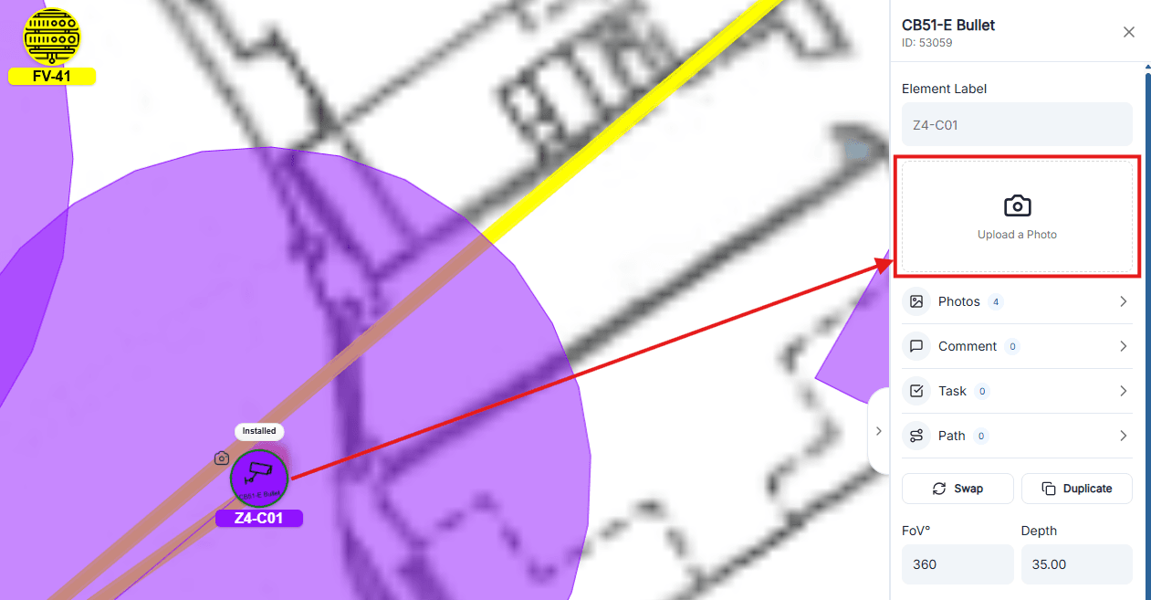 Photo upload flow attached to the selected survey device.