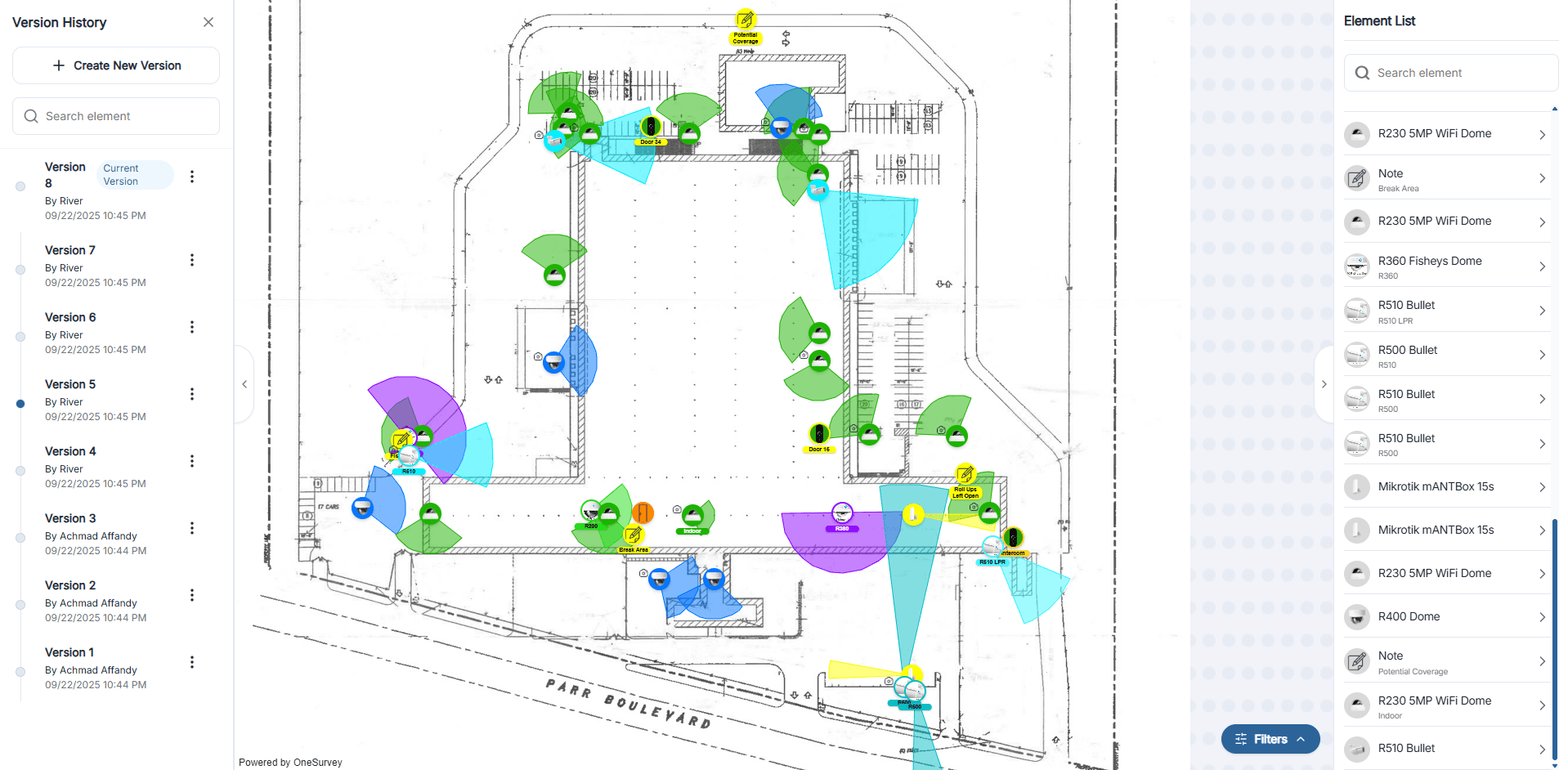 Survey version history panel for reviewing snapshots and restoring previous states.