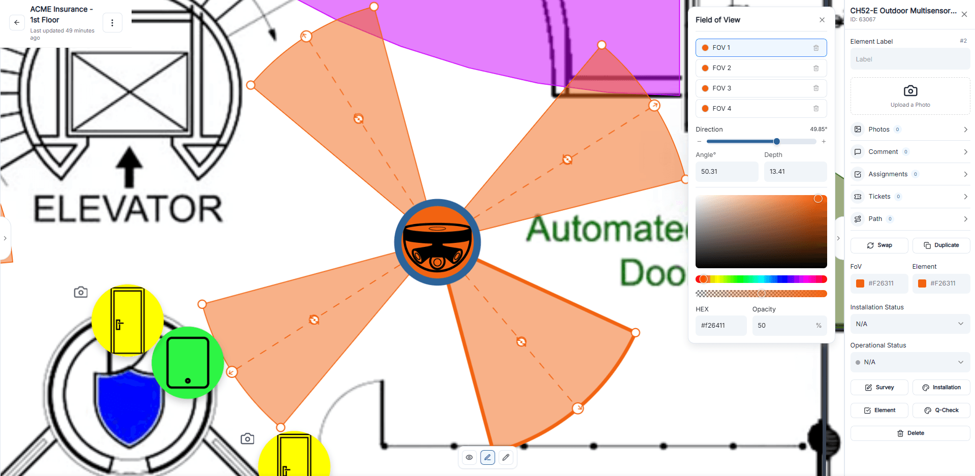 OneSurvey floor plan view showing mapped devices and the menu for adjusting camera field-of-view settings.