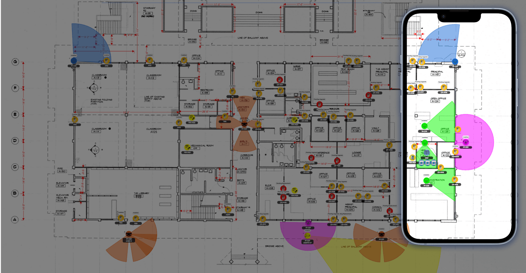 OneSurvey mobile floorplan view showing mapped devices and coverage overlays.