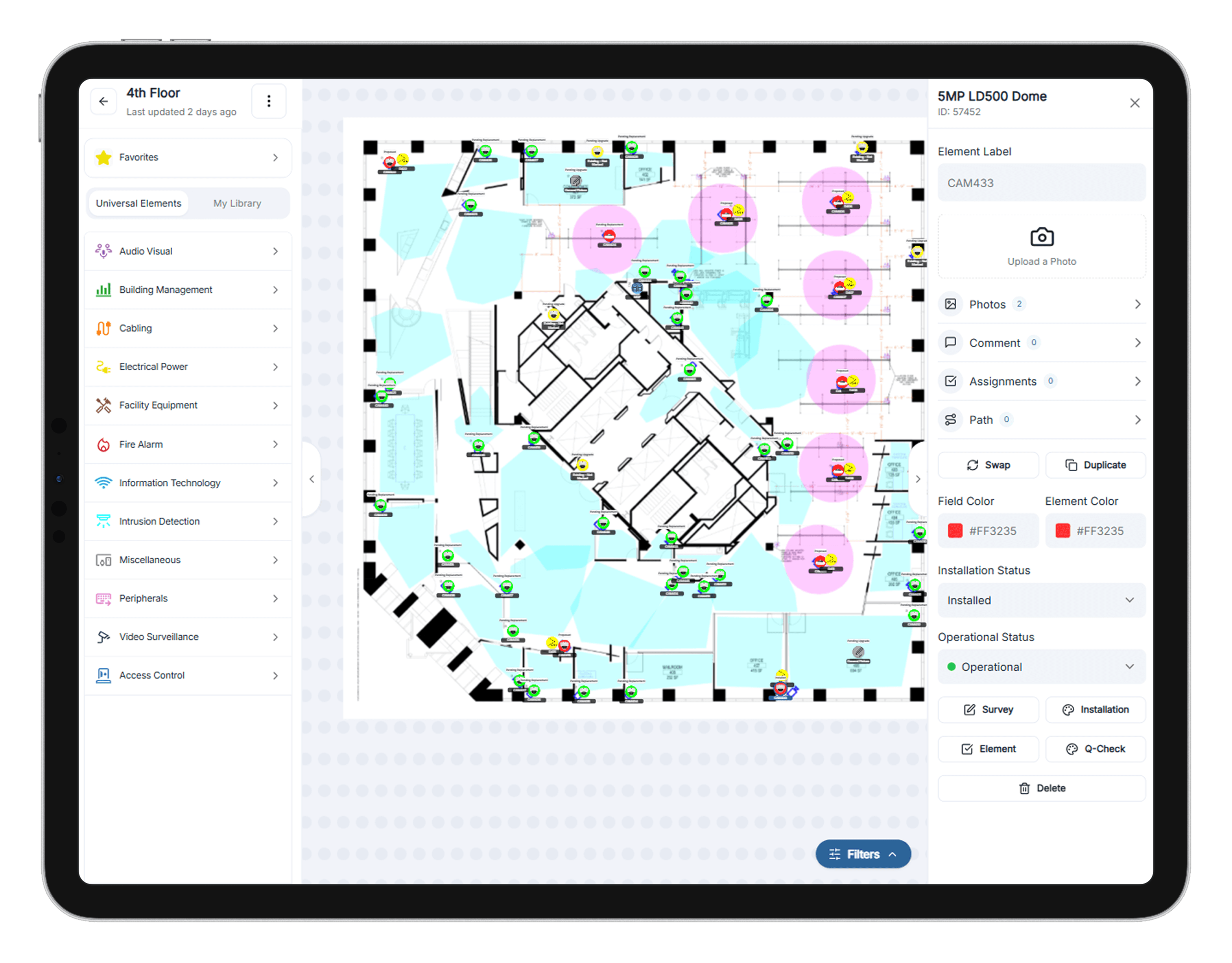Tablet view of the OneSurvey survey page with site details and survey controls.