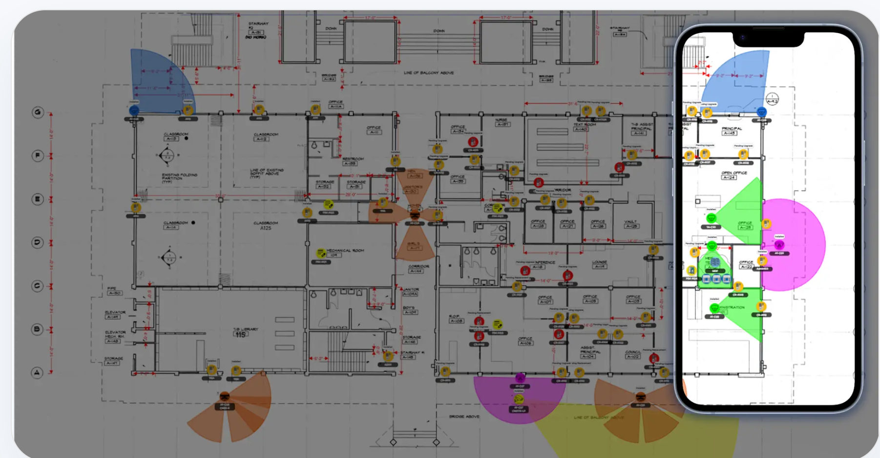 OneSurvey floor plan with security devices, coverage areas, and a mobile floor-plan view